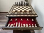 Chess table "Bright Victory" dark color , with pieces "Classic Lux" and two storage for pieces, two stools, unique gift for family - Image 7