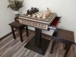 Chess table "Bright Victory" dark color , with pieces "Classic Lux" and two storage for pieces, two stools, unique gift for family