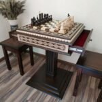 Chess table "Bright Victory" dark color , with pieces "Classic Lux" and two storage for pieces, two stools,  unique gift for family