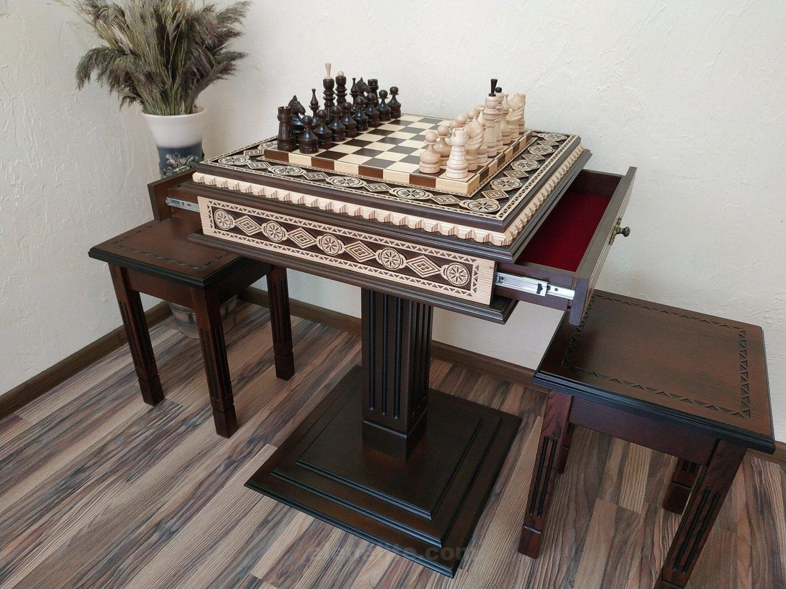 il_fullxfull.4807712576_hdek-1-scaled-1.jpg Chess table "Bright Victory" dark color , with pieces "Classic Lux" and two storage for pieces, two stools, unique gift for family - Image 1