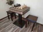 Chess Set: Chess Table "Bright Victory" with Drawers, dark color + 2 stools + chess pieces "Classic Deluxe"