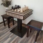 Chess Set: Chess Table "Bright Victory" with Drawers, dark color + 2 stools + chess pieces "Classic Deluxe"