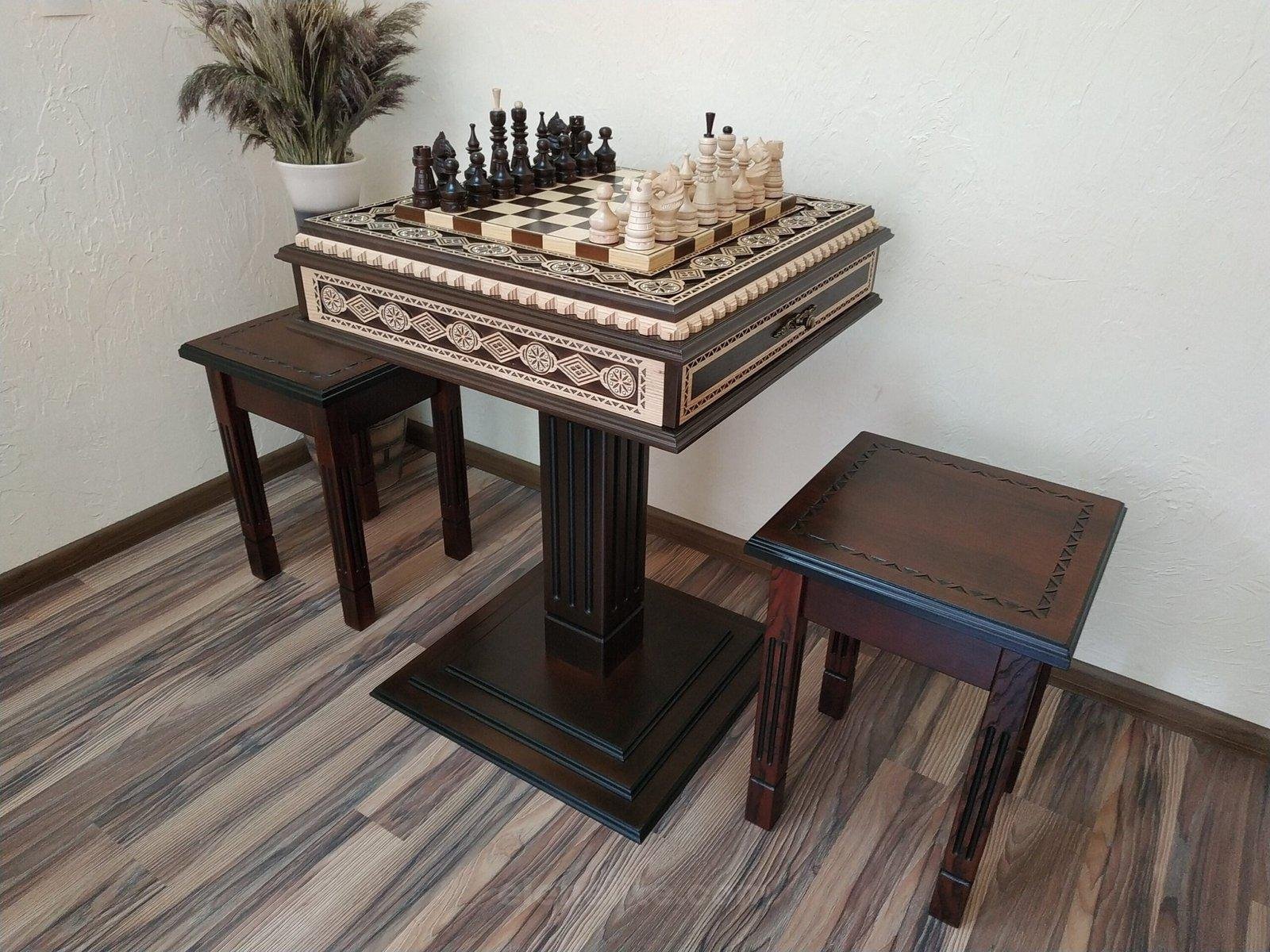 il_fullxfull.4808188218_rrst-scaled-1.jpg Chess Set: Chess Table "Bright Victory" with Drawers, dark color + 2 stools + chess pieces "Classic Deluxe" - Image 1
