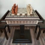 Chess Set: Chess Table "Bright Victory" with Drawers + 2 stools + chess pieces "Knights" & "Cossacks"