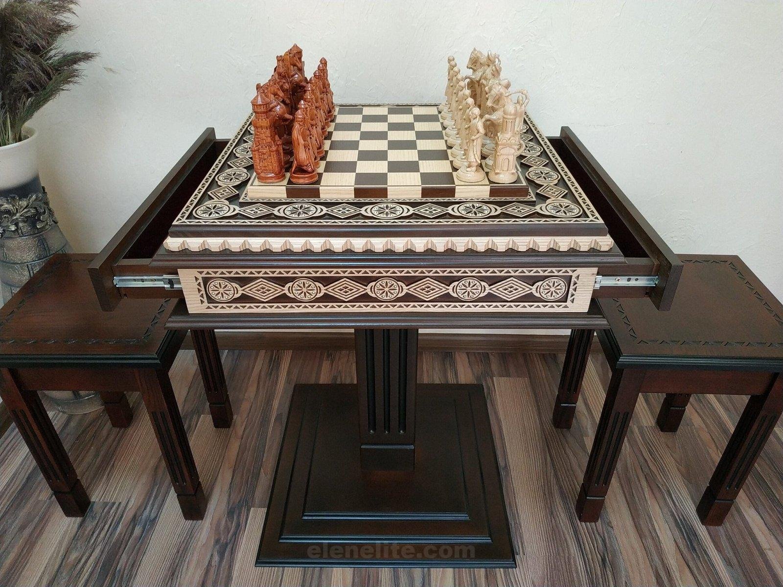 il_fullxfull.4808207372_8588-scaled-1.jpg Chess Set: Chess Table "Bright Victory" with Drawers + 2 stools + chess pieces "Knights" & "Cossacks" - Image 1