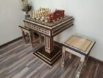 Chess Set: Chess Table "Bright Victory" with Drawers, light color + 2 stools + chess pieces "Elegant Classic"