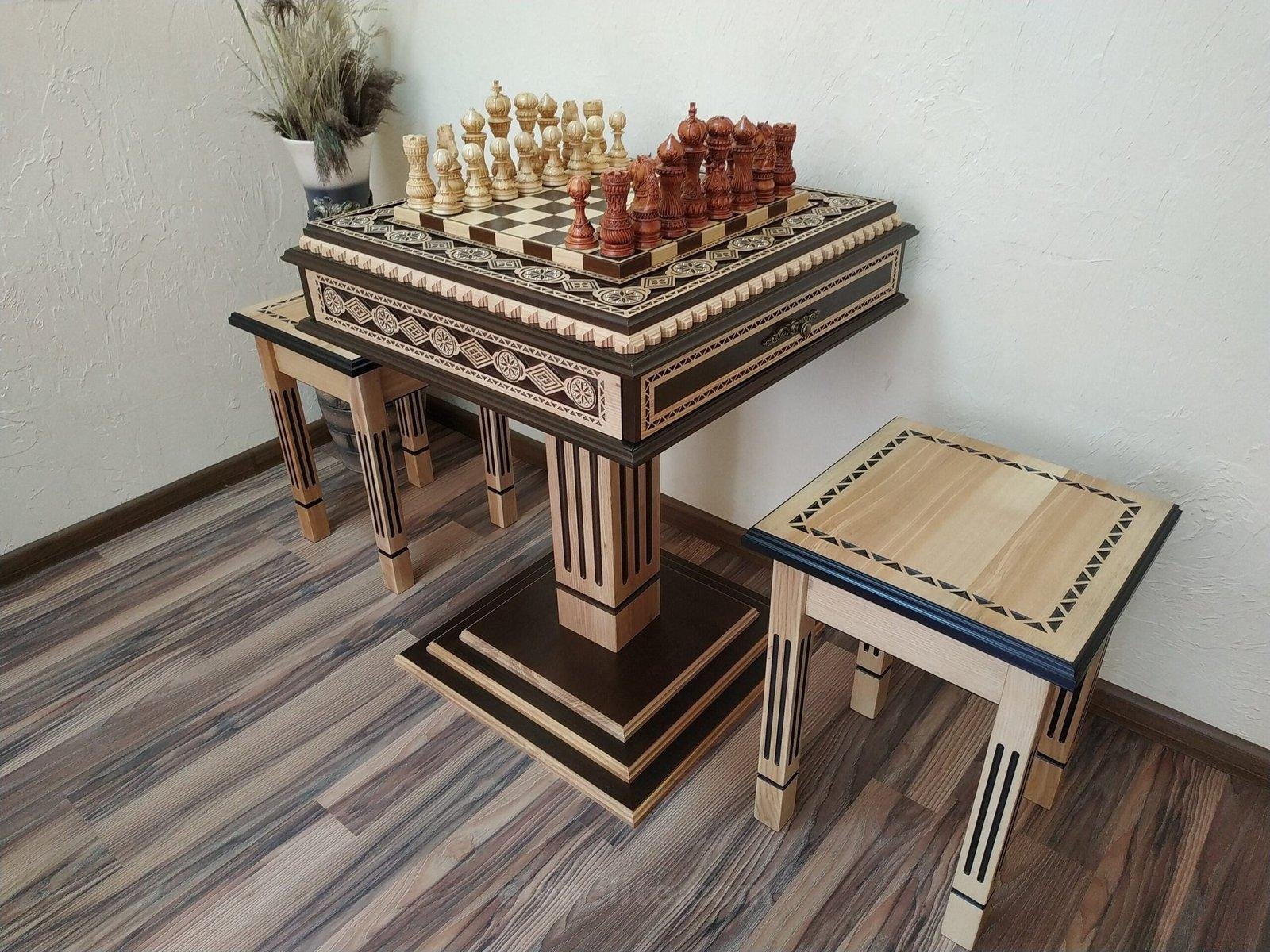 il_fullxfull.4811156526_jcx4-scaled-1.jpg Chess Set: Chess Table "Bright Victory" with Drawers, light color + 2 stools + chess pieces "Elegant Classic" - Image 1