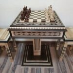 Chess Set: Chess Table "Bright Victory" with Drawers + 2 stools + chess pieces "Classic Deluxe"