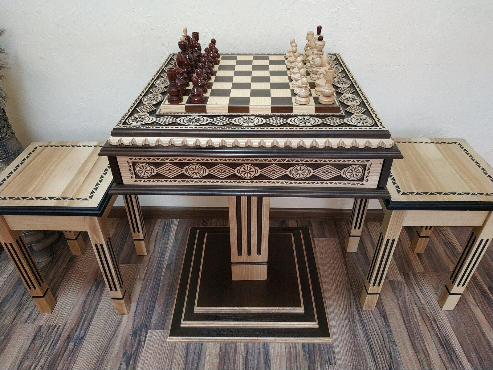 il_fullxfull.4813979116_tex5-scaled-1.jpg Chess Set: Chess Table "Bright Victory" with Drawers + 2 stools + chess pieces "Classic Deluxe" - Image 1