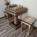 Chess Set: Chess Table "Bright Victory" with Drawers + 2 stools + chess pieces "Classic Luxe"