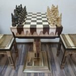 Chess Set: Chess Table "Streaks of Power" with Drawers + 2 stools + black pieces "Game of Thrones"