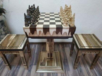 Chess Set: Chess Table "Streaks of Power" with Drawers + 2 stools + black pieces "Game of Thrones"