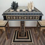 Chess set: Chess Table "Star of life" with Drawers + 2 stools + pieces "Game of Thrones"