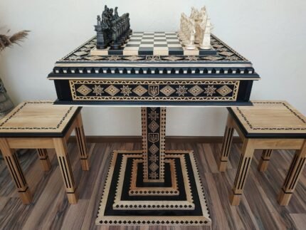Chess set: Chess Table "Star of life" with Drawers + 2 stools + pieces "Game of Thrones"