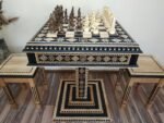 Chess set: Chess Table "Star of life" with Drawers + 2 stools + pieces "Cossacks" & "Armed Forces of Ukraine"