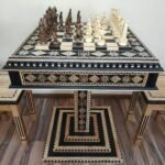 Chess set: Chess Table "Star of life" with Drawers + 2 stools + pieces "Cossacks" & "Armed Forces of Ukraine"