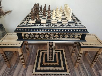 Chess set: Chess Table "Star of life" with Drawers + 2 stools + pieces "Cossacks" & "Armed Forces of Ukraine"