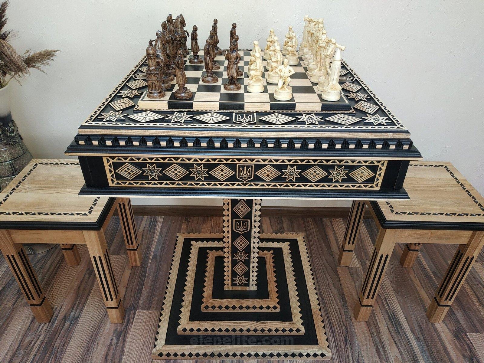il_fullxfull.4820500347_5pjv-scaled-1.jpg Chess set: Chess Table "Star of life" with Drawers + 2 stools + pieces "Cossacks" & "Armed Forces of Ukraine" - Image 1