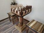 Wooden Chess Set: Chess Table "Streaks of Power" with Drawers + 2 stools + glossy pieces "Classic Luxe"