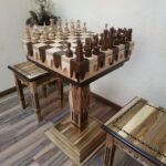 Wooden Chess Set: Chess Table "Streaks of Power" with Drawers + 2 stools + glossy pieces "Classic Luxe"