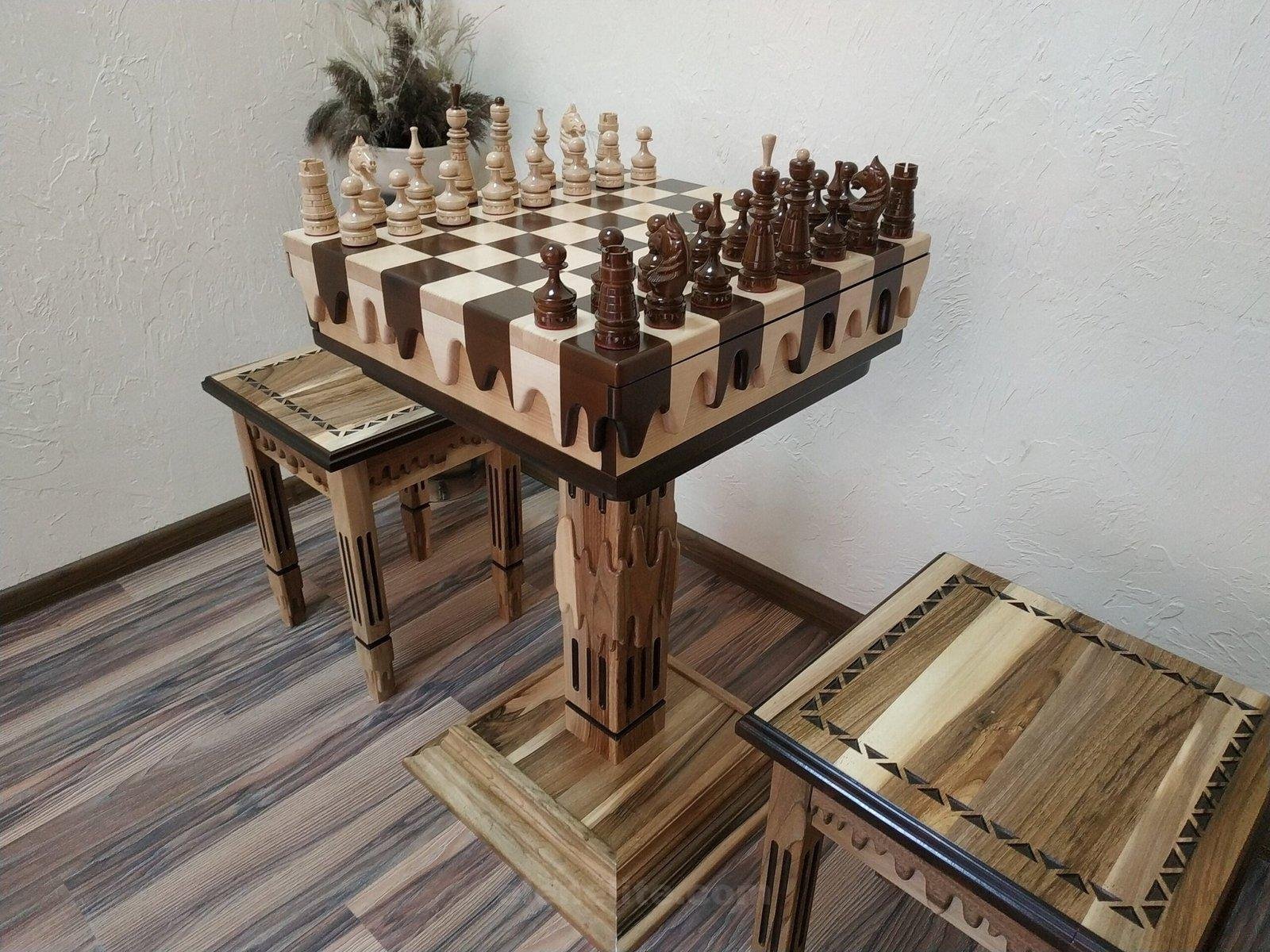 il_fullxfull.4829023656_bame-1-scaled-1.jpg Wooden Chess Set: Chess Table "Streaks of Power" with Drawers + 2 stools + glossy pieces "Classic Luxe" - Image 1