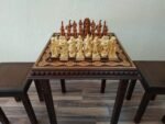 Chess board/table "Waves of Aspiration" from ash wood+ pieces "Battle of Thrones"/"Knights" two stools handmade Аnniversary wooden gift