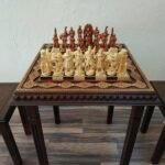 Chess board/table "Waves of Aspiration" from ash wood+ pieces "Battle of Thrones"/"Knights" two stools handmade Аnniversary wooden gift