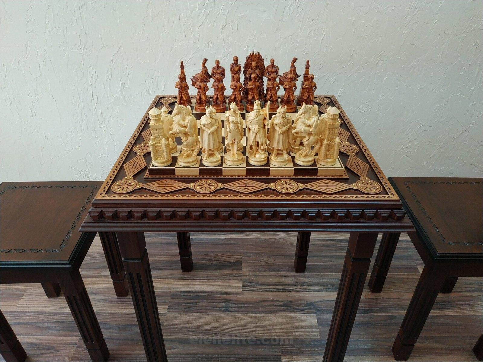 il_fullxfull.4829268740_pf6b-scaled-1.jpg Chess board/table "Waves of Aspiration" from ash wood+ pieces "Battle of Thrones"/"Knights" two stools handmade Аnniversary wooden gift - Image 1
