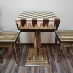 Chess Set: Chess Table "Streaks of Power" with Drawers for storage pieces + 2 stools