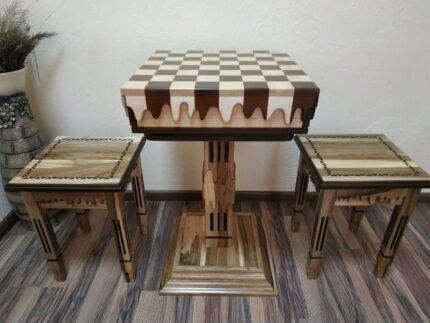 Chess Set: Chess Table "Streaks of Power" with Drawers for storage pieces + 2 stools