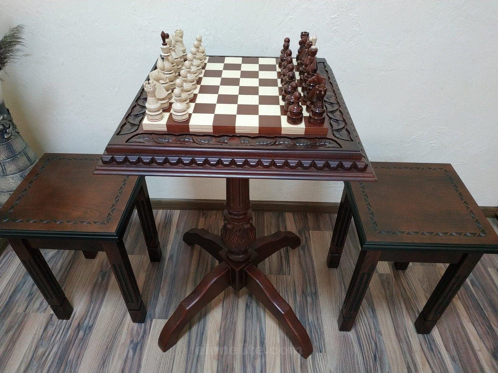 il_fullxfull.4842132275_4zg4-scaled-1.jpg Chess Set Chess Table "Luxury Leaves" Cherry color +2 stools + glossy pieces "Elite" - Image 1