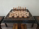 Wooden Chess set: Chess table "Waves of Aspiration" + 2 stools + chess pieces "Classic Deluxe" Ombre color, super glossy - Image 3