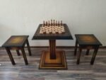 Wooden Chess set: Chess table "Waves of Aspiration" + 2 stools + chess pieces "Classic Deluxe" Ombre color, super glossy