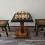 Wooden Chess set: Chess table "Waves of Aspiration" + 2 stools + chess pieces "Classic Deluxe" Ombre color, super glossy