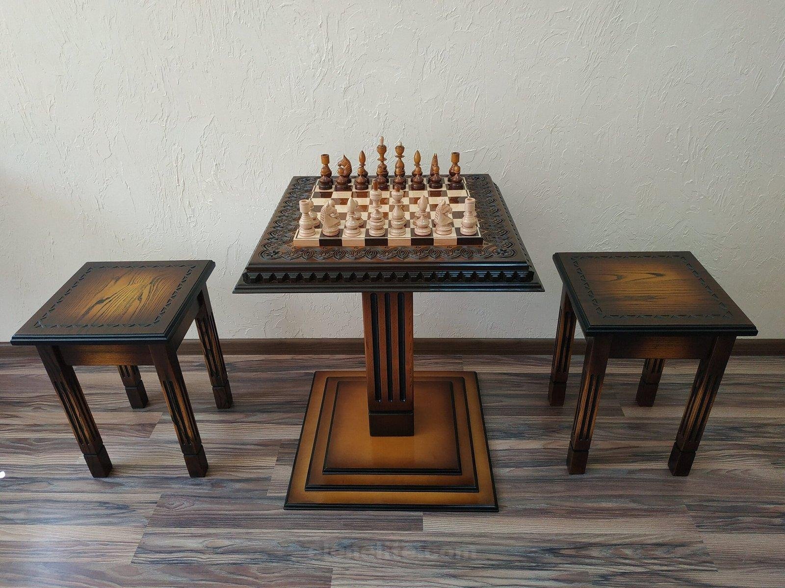 il_fullxfull.4846632130_p11e-scaled-1.jpg Wooden Chess set: Chess table "Waves of Aspiration" + 2 stools + chess pieces "Classic Deluxe" Ombre color, super glossy - Image 1