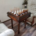 Chess Set: Chess Table "Battle for Kings" with 2 Drawers, Super glossy finish + glossy pieces "Classic Deluxe"