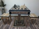 Chess Set: Chess Table "Bright Victory" with Drawers + 2 stools + chess pieces "Classic Luxe"