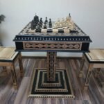 Chess Set: Chess Table "Bright Victory" with Drawers + 2 stools + chess pieces "Classic Luxe"