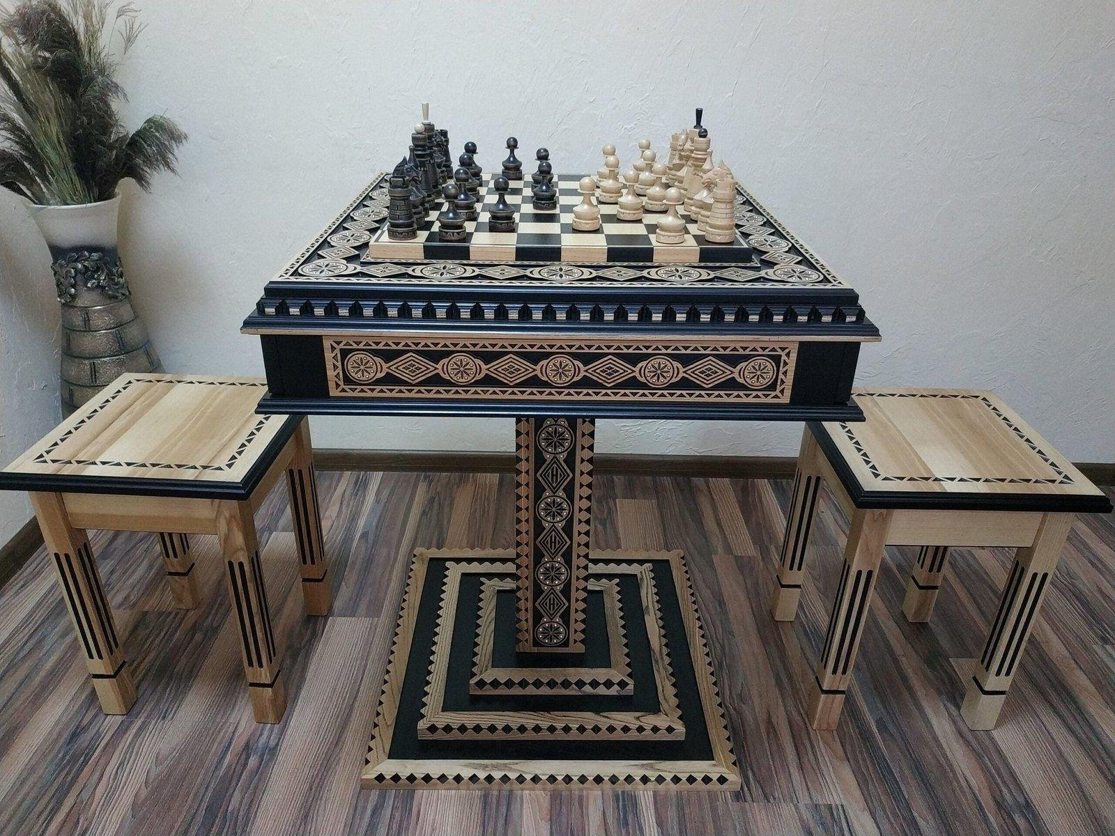 il_fullxfull.4852592501_3k8s-scaled-1.jpg Chess Set: Chess Table "Bright Victory" with Drawers + 2 stools + chess pieces "Classic Luxe" - Image 1