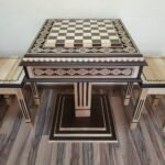 Wooden Chess Set: Chess Table "Bright Victory" in light brown with Drawers + 2 stools