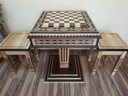 Wooden Chess Set: Chess Table "Bright Victory" in light brown with Drawers + 2 stools