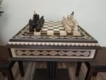 Chess table "Bright Victory" dark color , with pieces "Classic Lux" and two storage for pieces, two stools, unique gift for family - Image 5