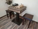 Chess table "Bright Victory" dark color , with pieces "Classic Lux" and two storage for pieces, two stools, unique gift for family - Image 2