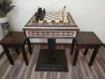 Chess table "Bright Victory" dark color , with pieces "Classic Lux" and two storage for pieces, two stools, unique gift for family - Image 3
