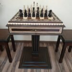 Chess Set: Chess Table "Bright Victory" with Drawers, dark color + 2 stools + chess pieces "Elite"