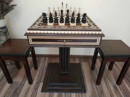 Chess Set: Chess Table "Bright Victory" with Drawers, dark color + 2 stools + chess pieces "Elite"