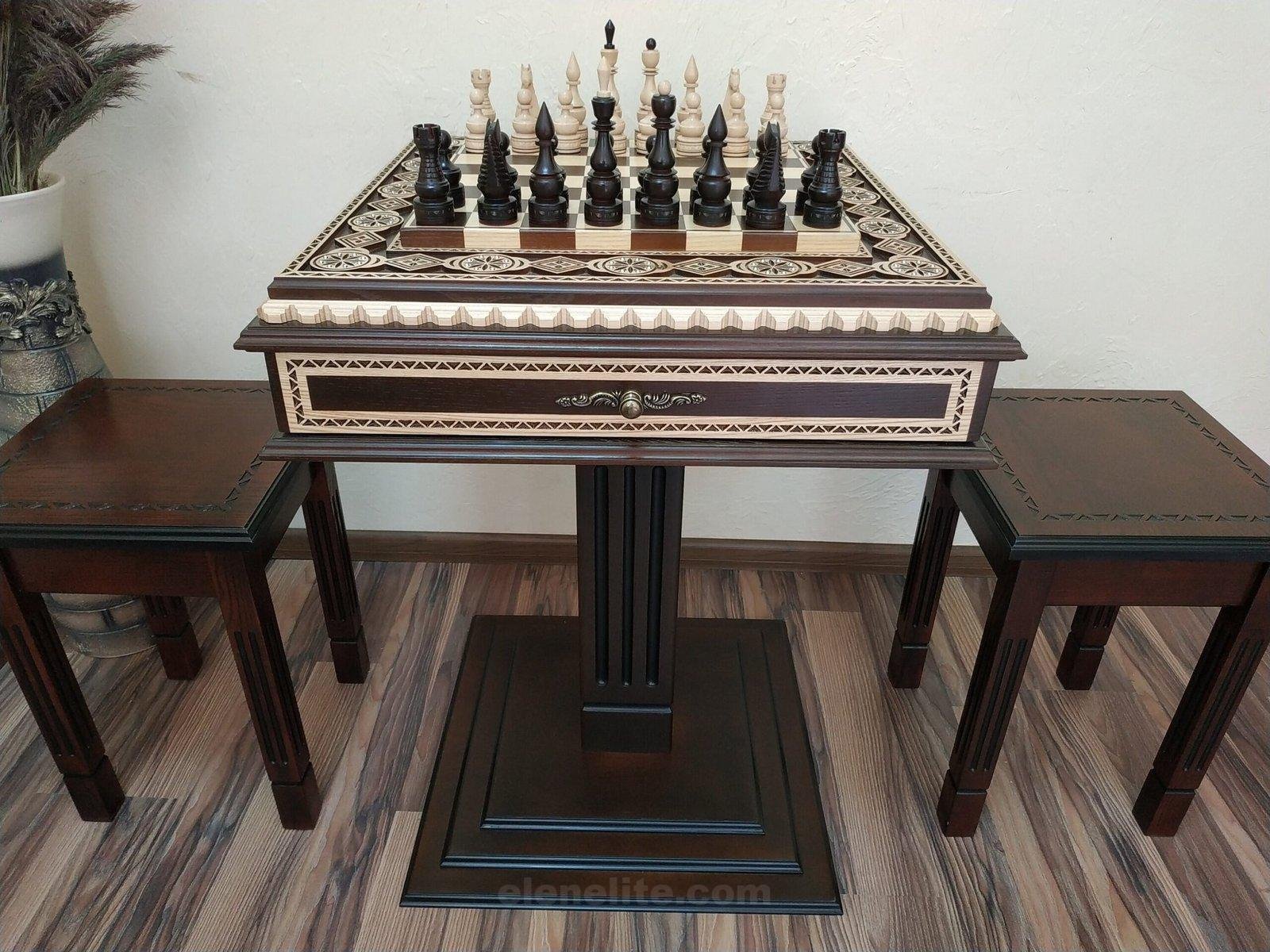 il_fullxfull.4856303575_ctv6-scaled-1.jpg Chess Set: Chess Table "Bright Victory" with Drawers, dark color + 2 stools + chess pieces "Elite" - Image 1