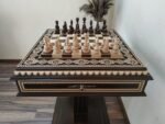 Chess Set: Chess Table "Bright Victory" with Drawers, dark color + 2 stools + chess pieces "Classic Deluxe" - Image 4