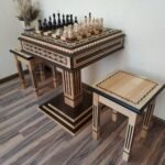 Chess Set: Chess Table "Bright Victory" with Drawers + 2 stools + chess pieces "Elite"