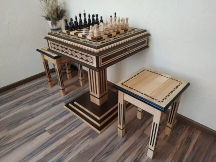 Chess Set: Chess Table "Bright Victory" with Drawers + 2 stools + chess pieces "Elite"